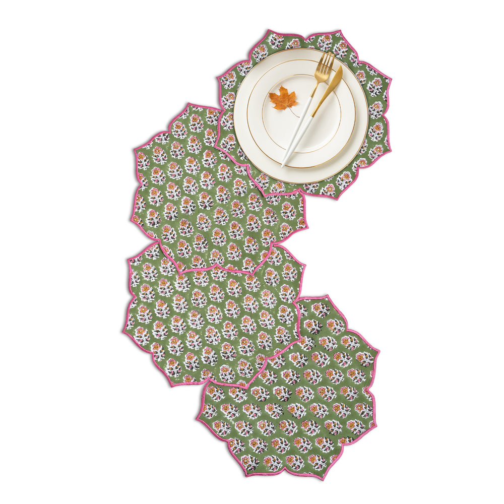 set of 4 green embroidery close-up on scalloped placemat