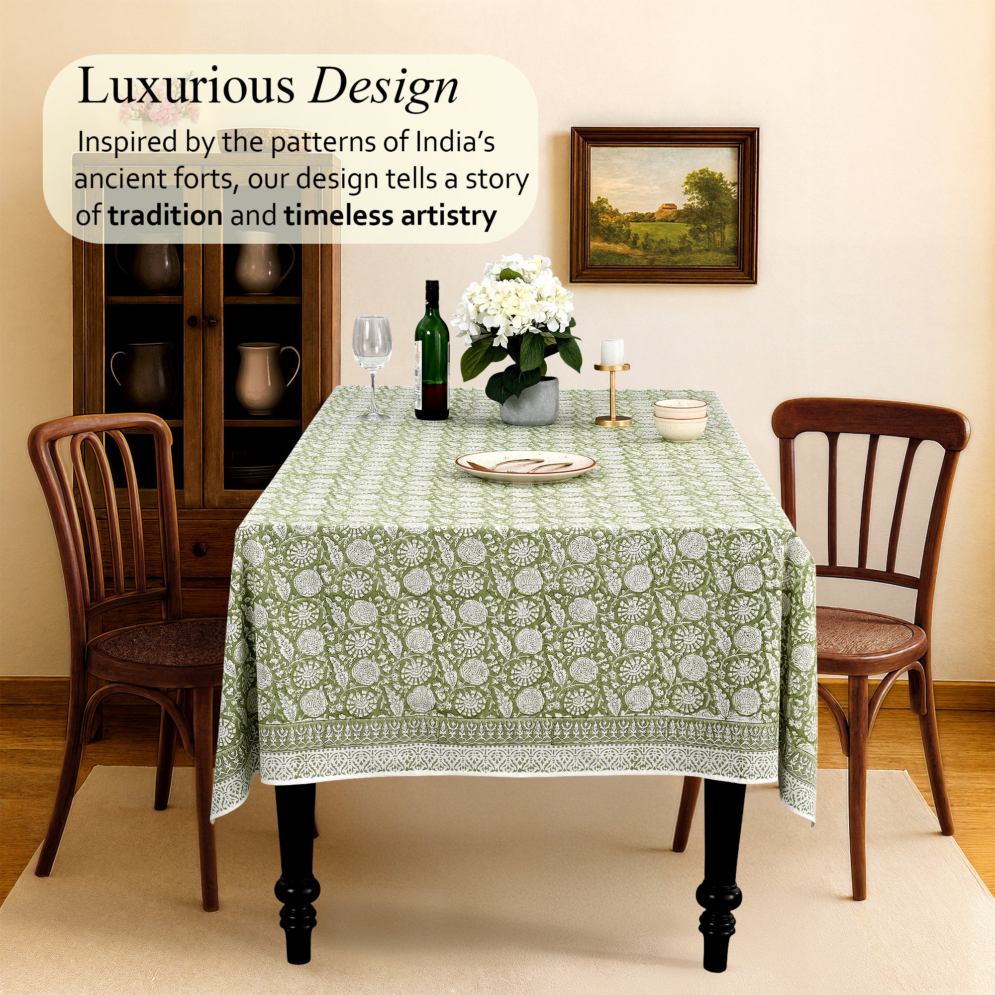 Cotton Block Print Tablecloth – Olive Bloom