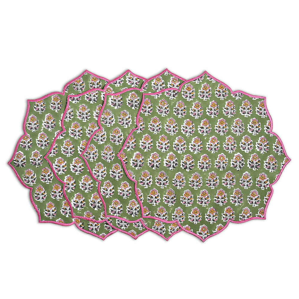 Earthy green floral embroidered placemat for cozy table scenes
