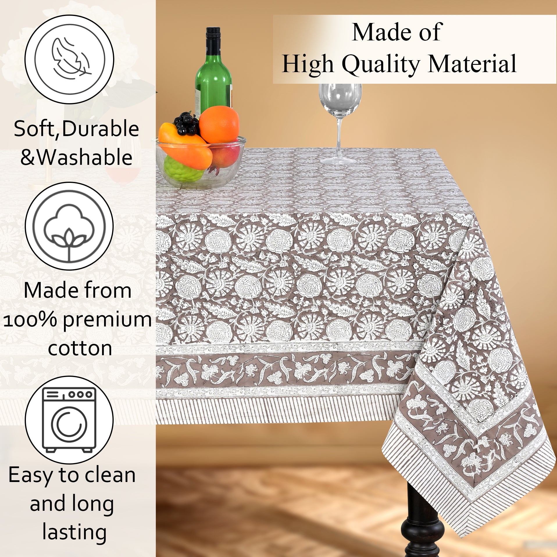 Cotton Block Print Tablecloth – Rustic Brown