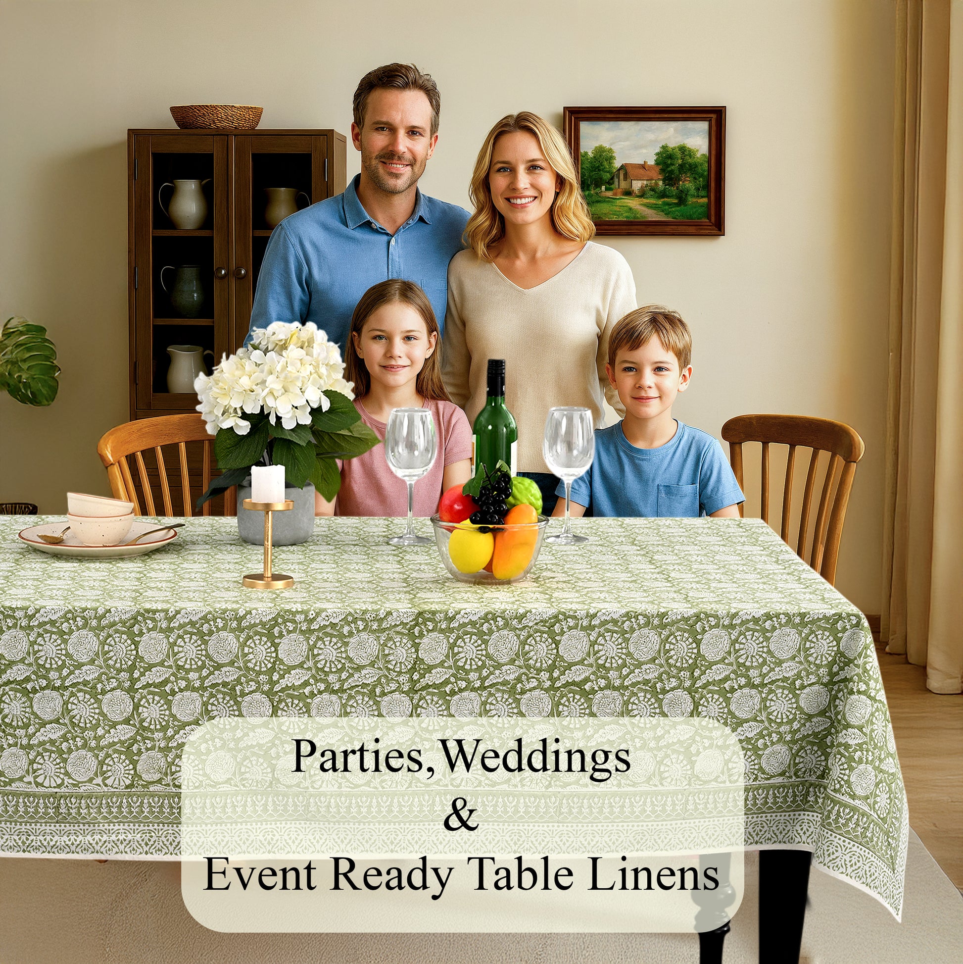 Cotton Block Print Tablecloth – Olive Bloom
