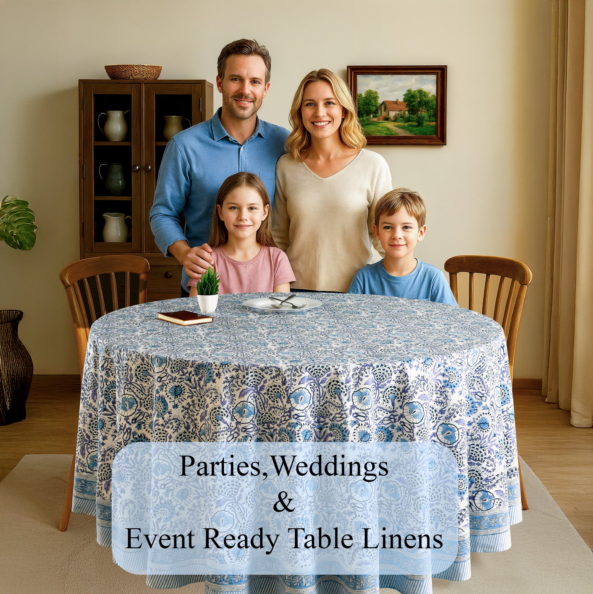blue and white floral indian 100% cotton breathable round tablecloth