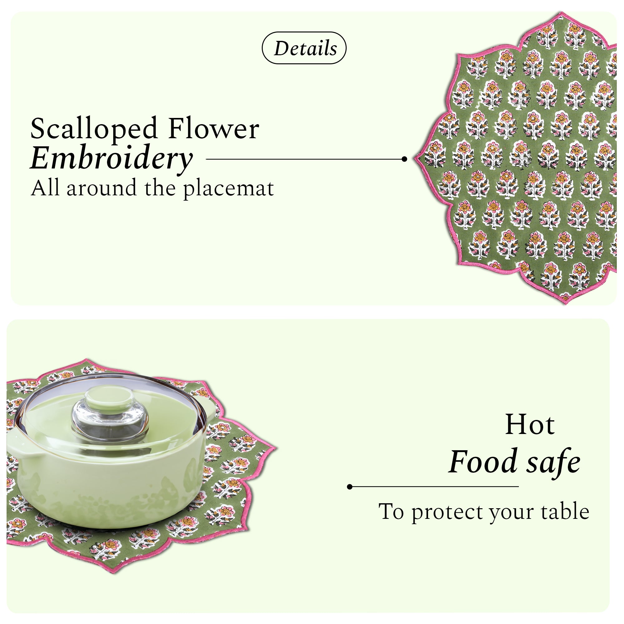 green and pink-toned placemat with timeless embroidered finish