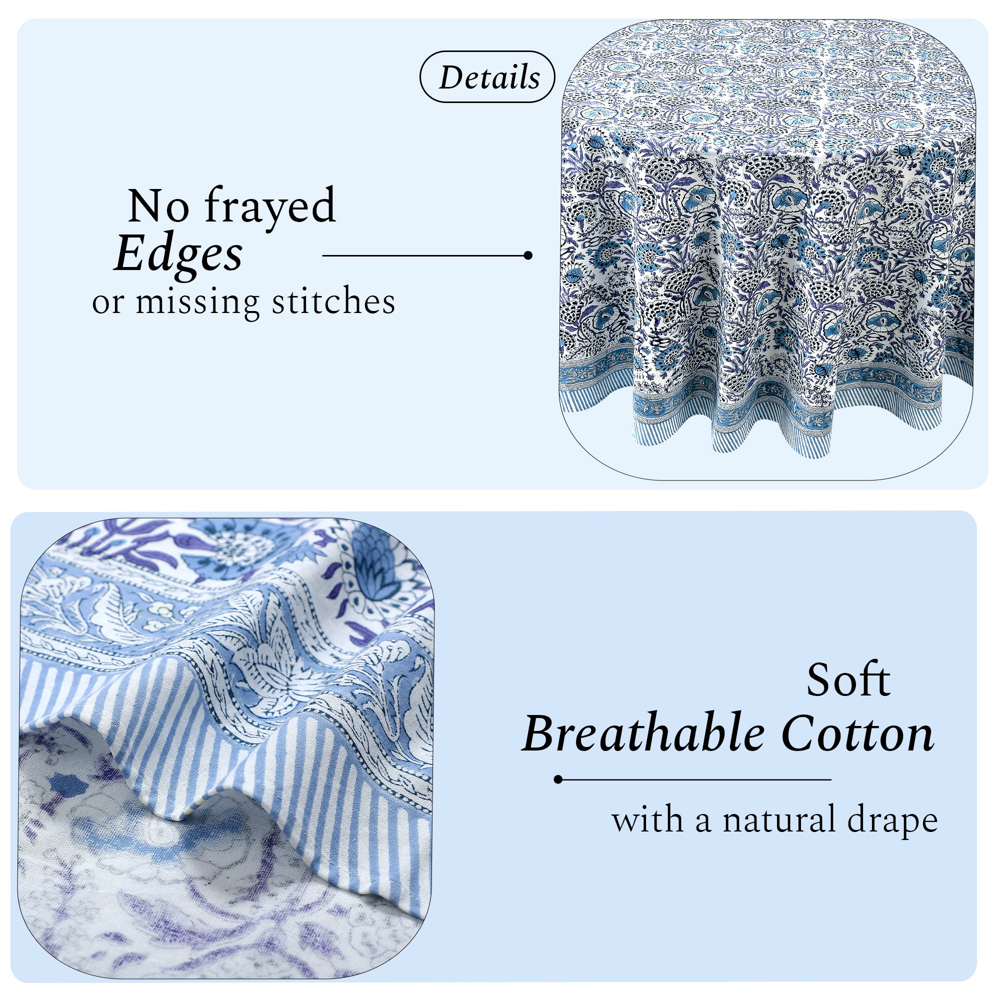 blue and white floral indian 100% cotton breathable round tablecloth
