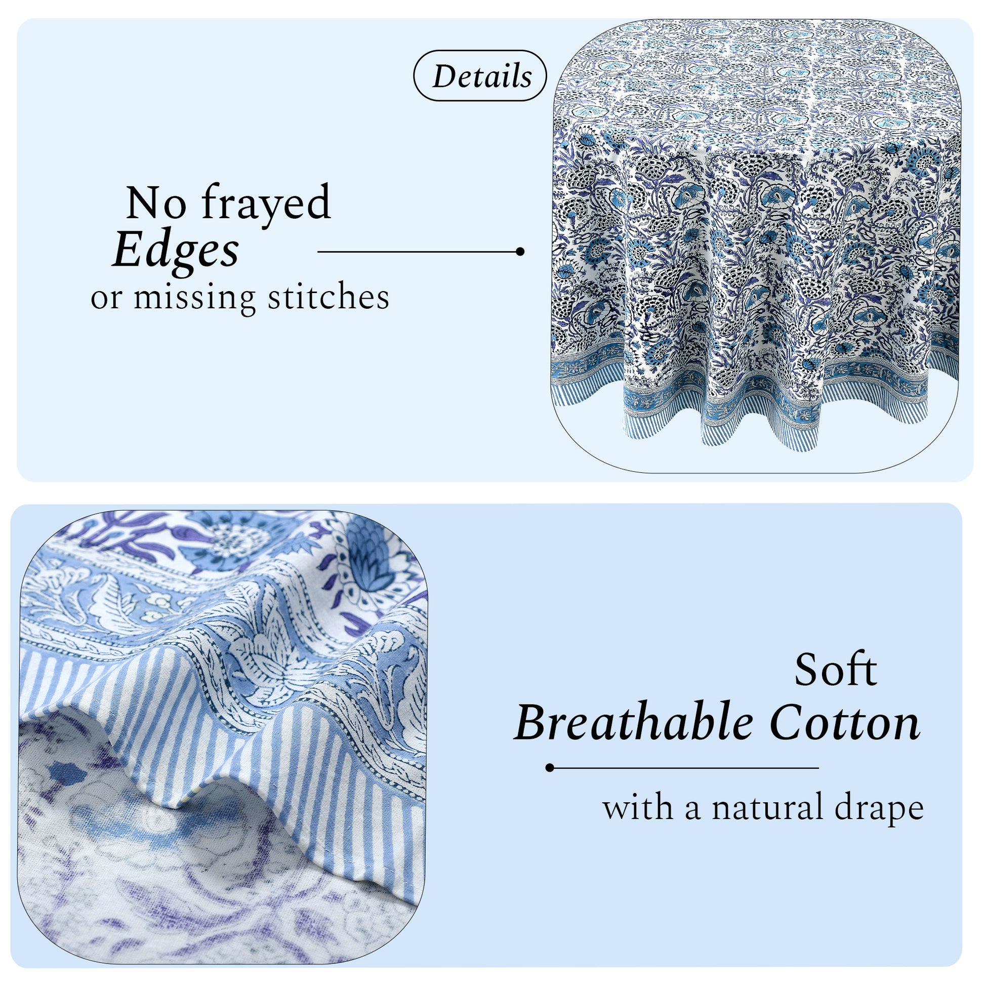 blue and white floral indian 100% cotton breathable round tablecloth