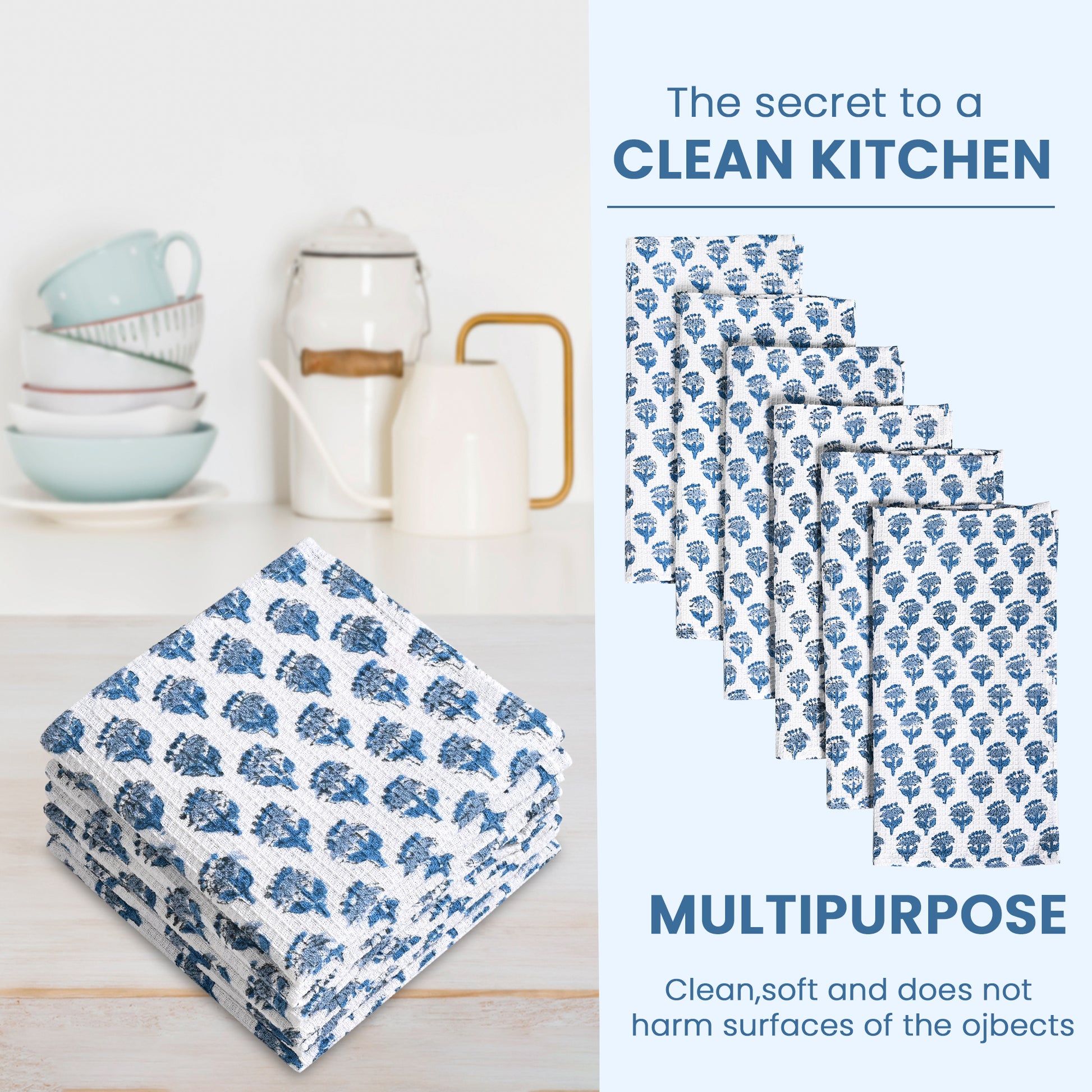 Hand Block Printed Waffle Kitchen Towels – Apatite Blue