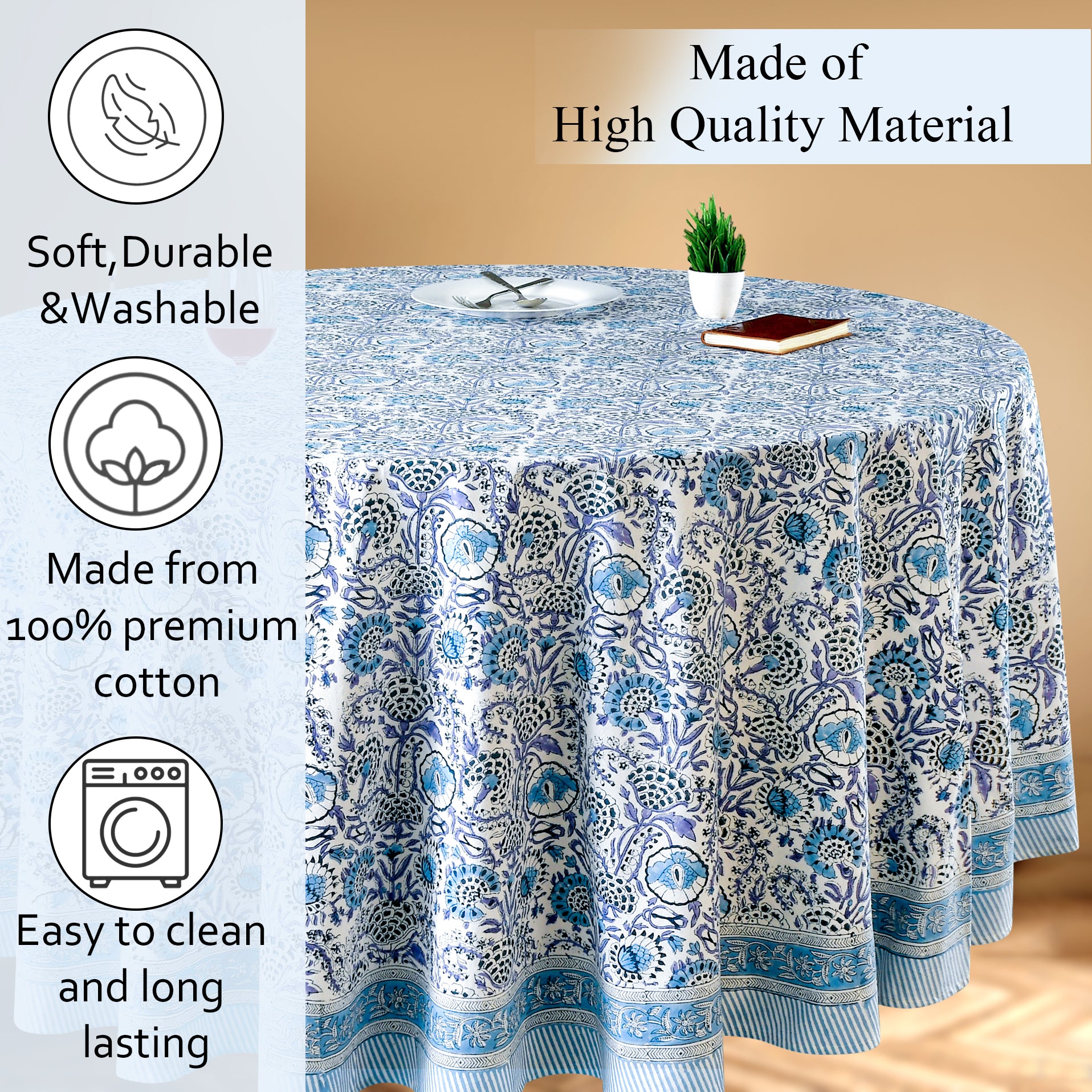 blue and white floral indian 100% cotton breathable round tablecloth