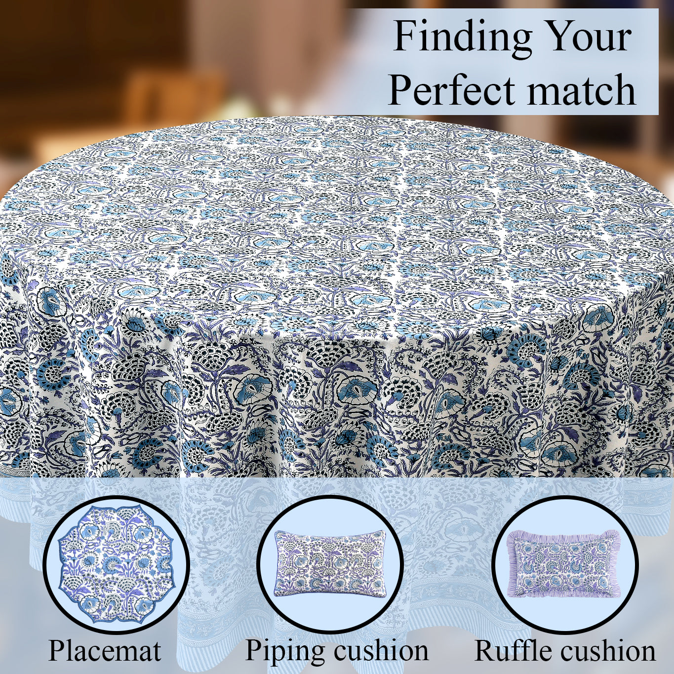 blue and white floral indian 100% cotton breathable round tablecloth