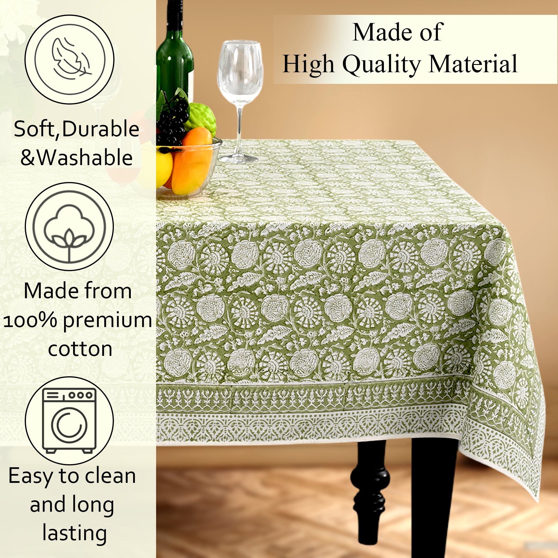 Cotton Block Print Tablecloth – Olive Bloom