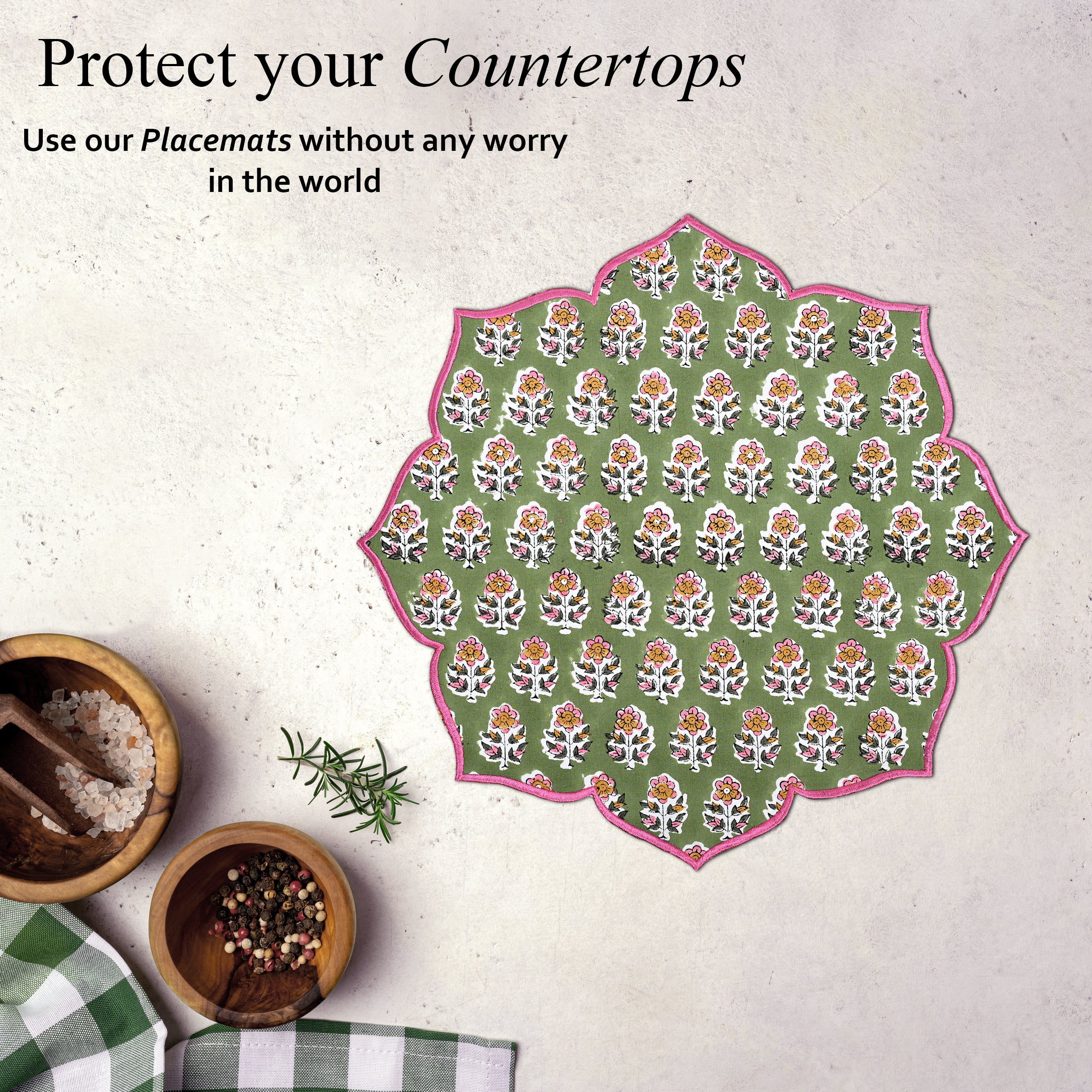 Sophisticated table look featuring green cotton placemat