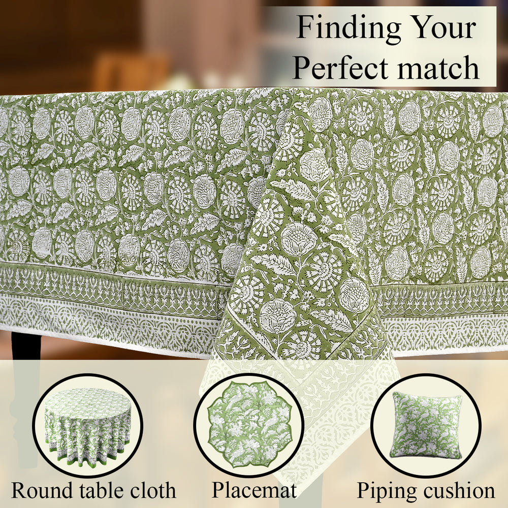 Cotton Block Print Tablecloth – Olive Bloom