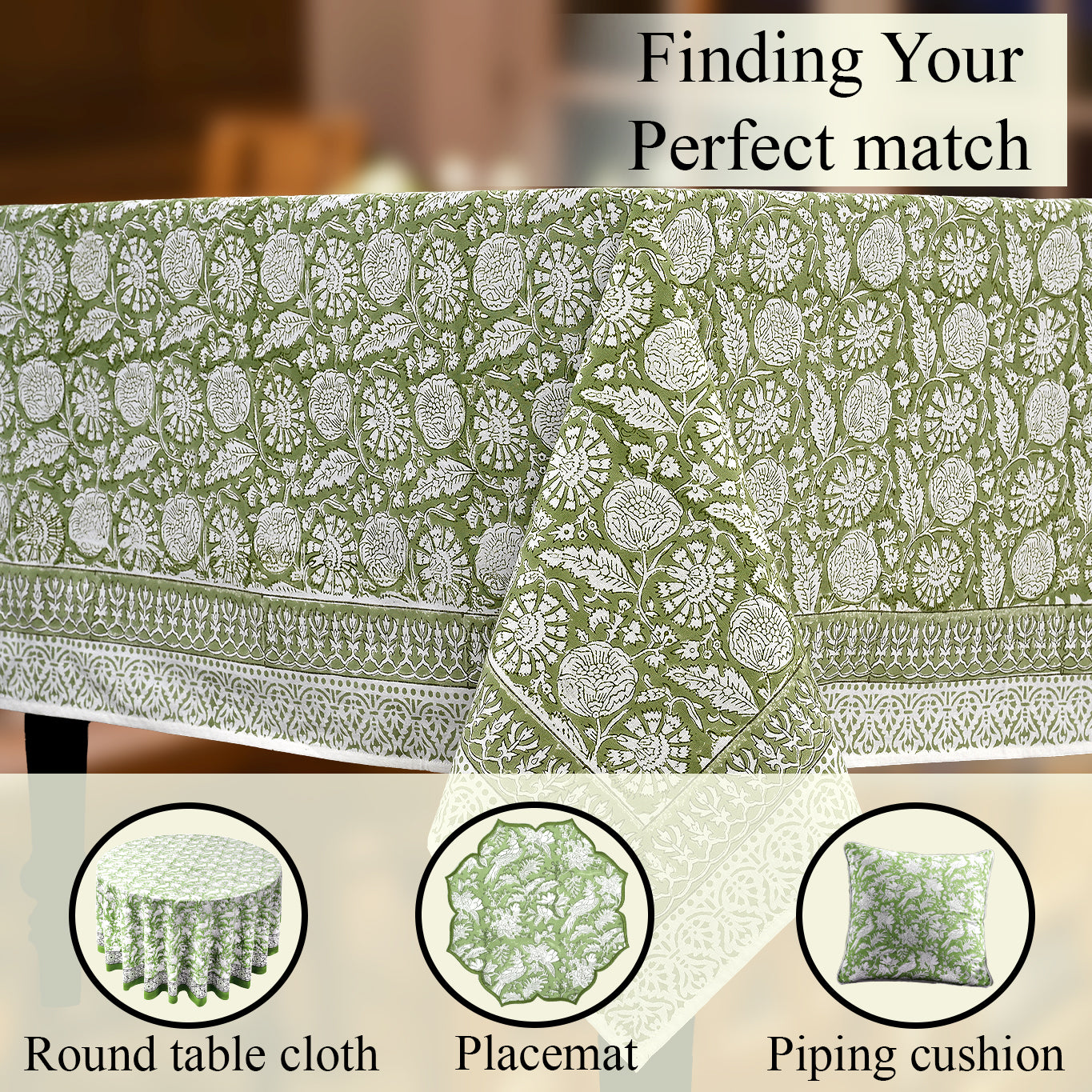 Cotton Block Print Tablecloth – Olive Bloom