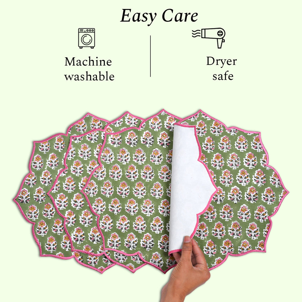 Cotton placemat in earthy green with floral edgework