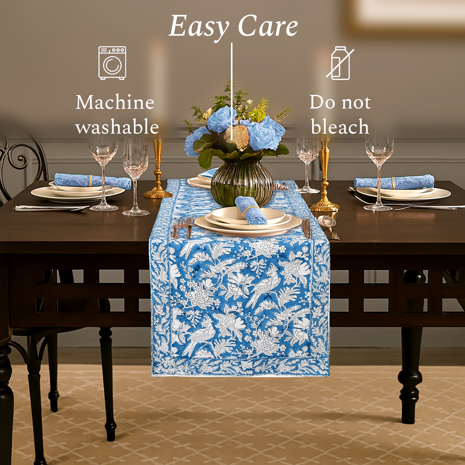 Cotton Block Print Table Runner - Blue Sapphire