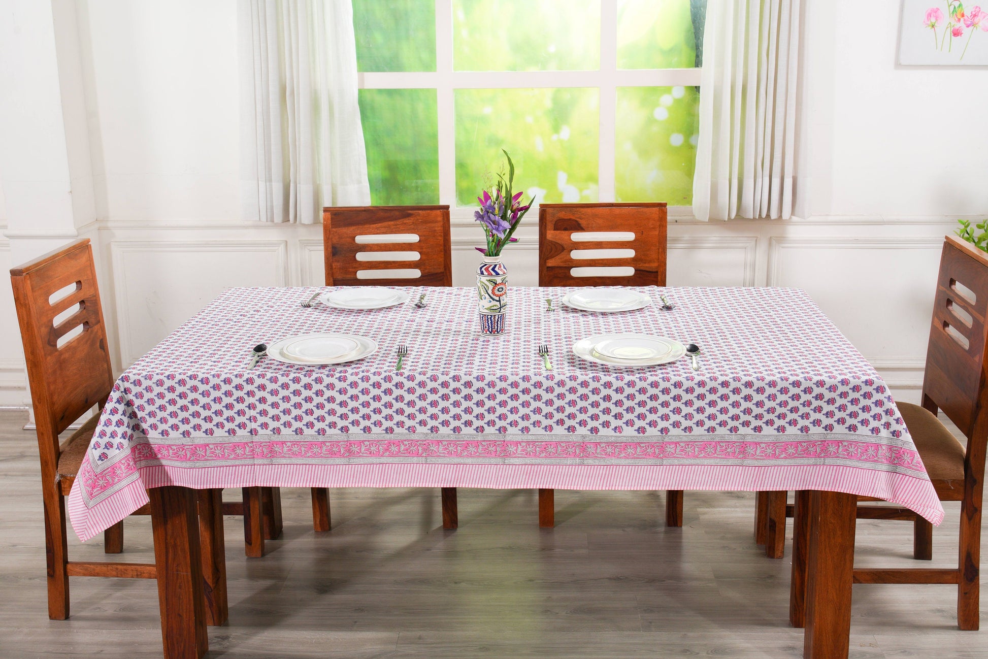 Pink Sapphire Cotton Tablecloth on Farmhouse Table with Chairs, Plates, and Silverware