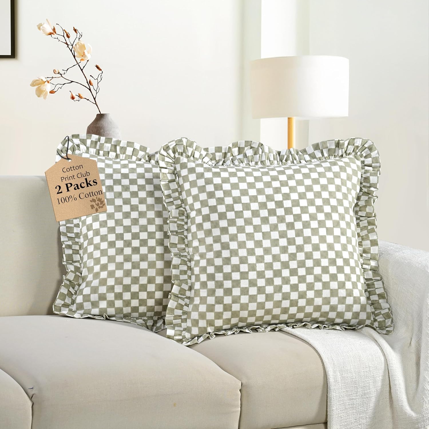Ruffle Pillow Cover - Cottagecore Sage Gingham