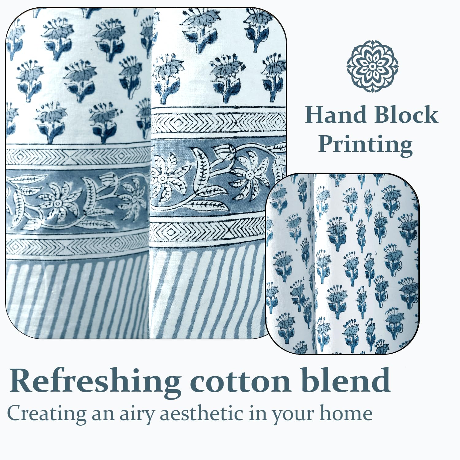 Cotton Block Print Curtain - Apatite Blue