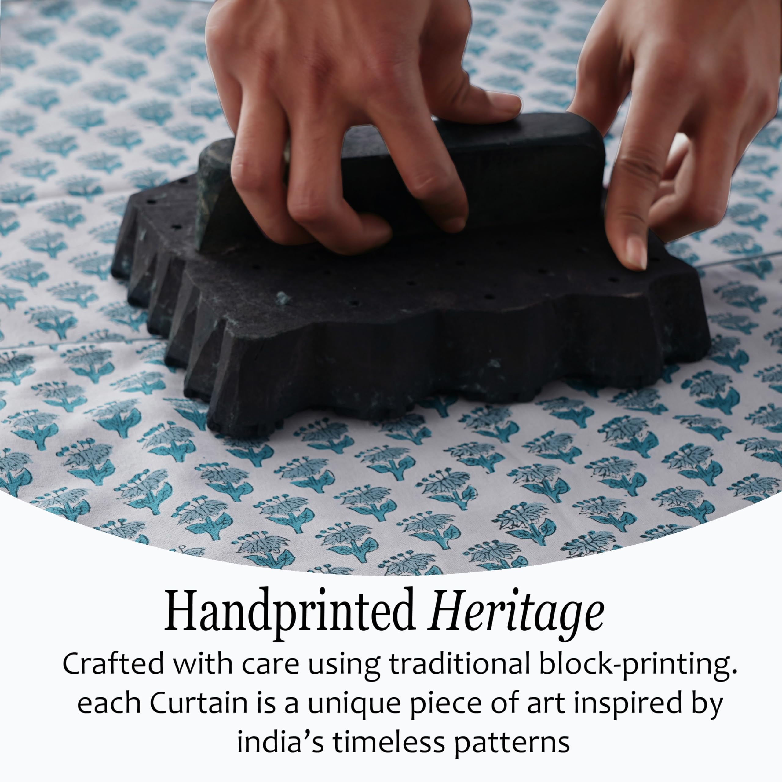 Cotton Block Print Curtain - Apatite Blue