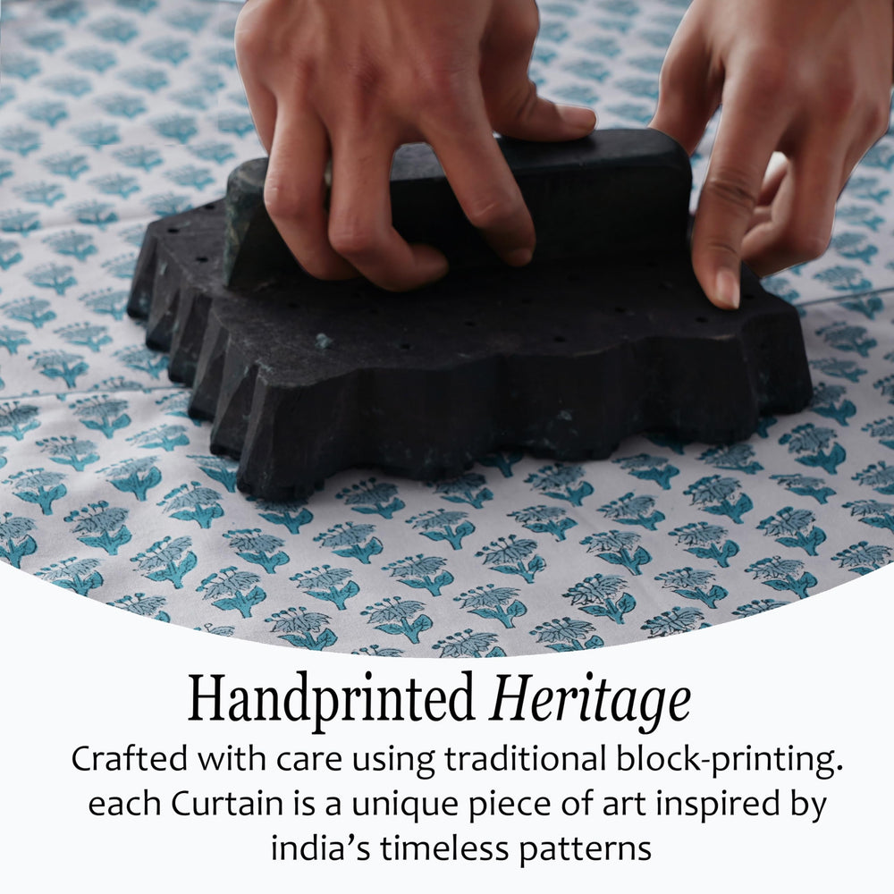 Cotton Block Print Curtain - Apatite Blue
