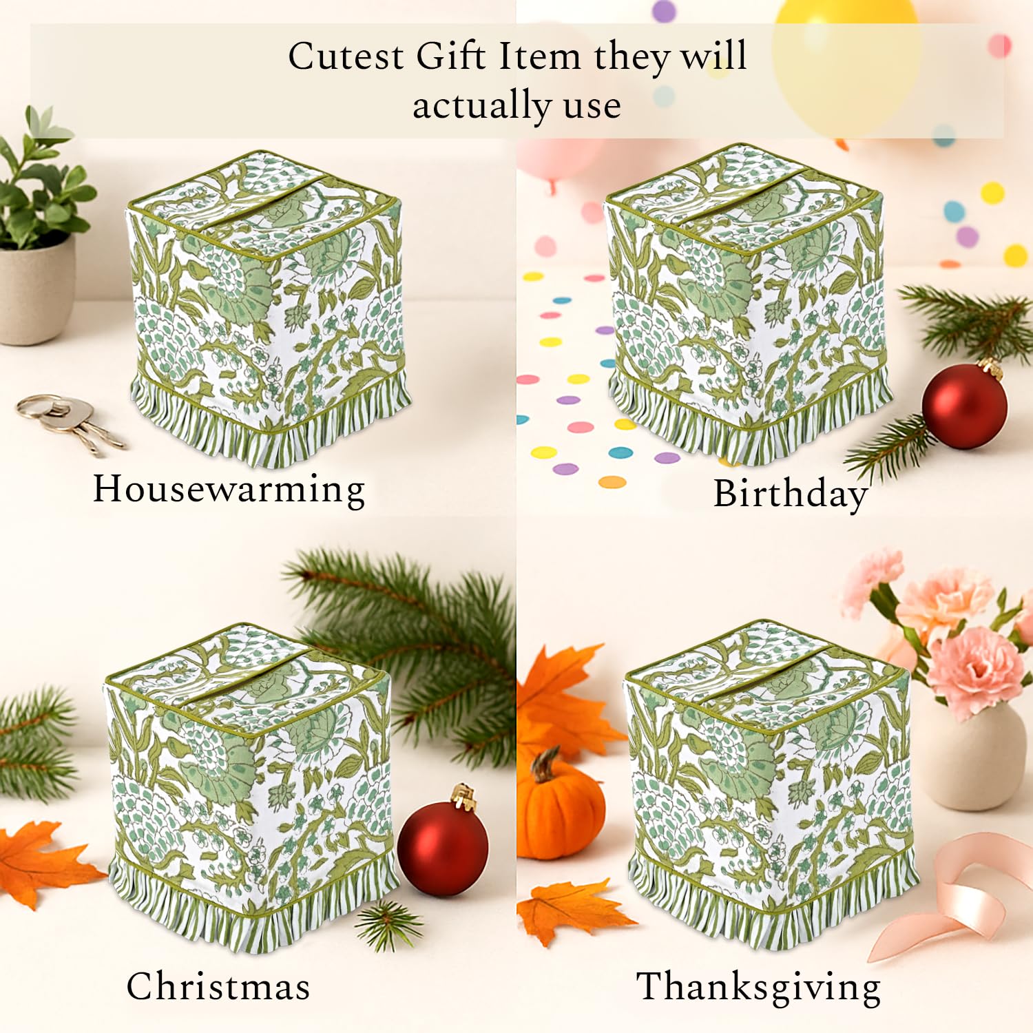 Cotton Ruffle Tissue Box Cover - Agate Green