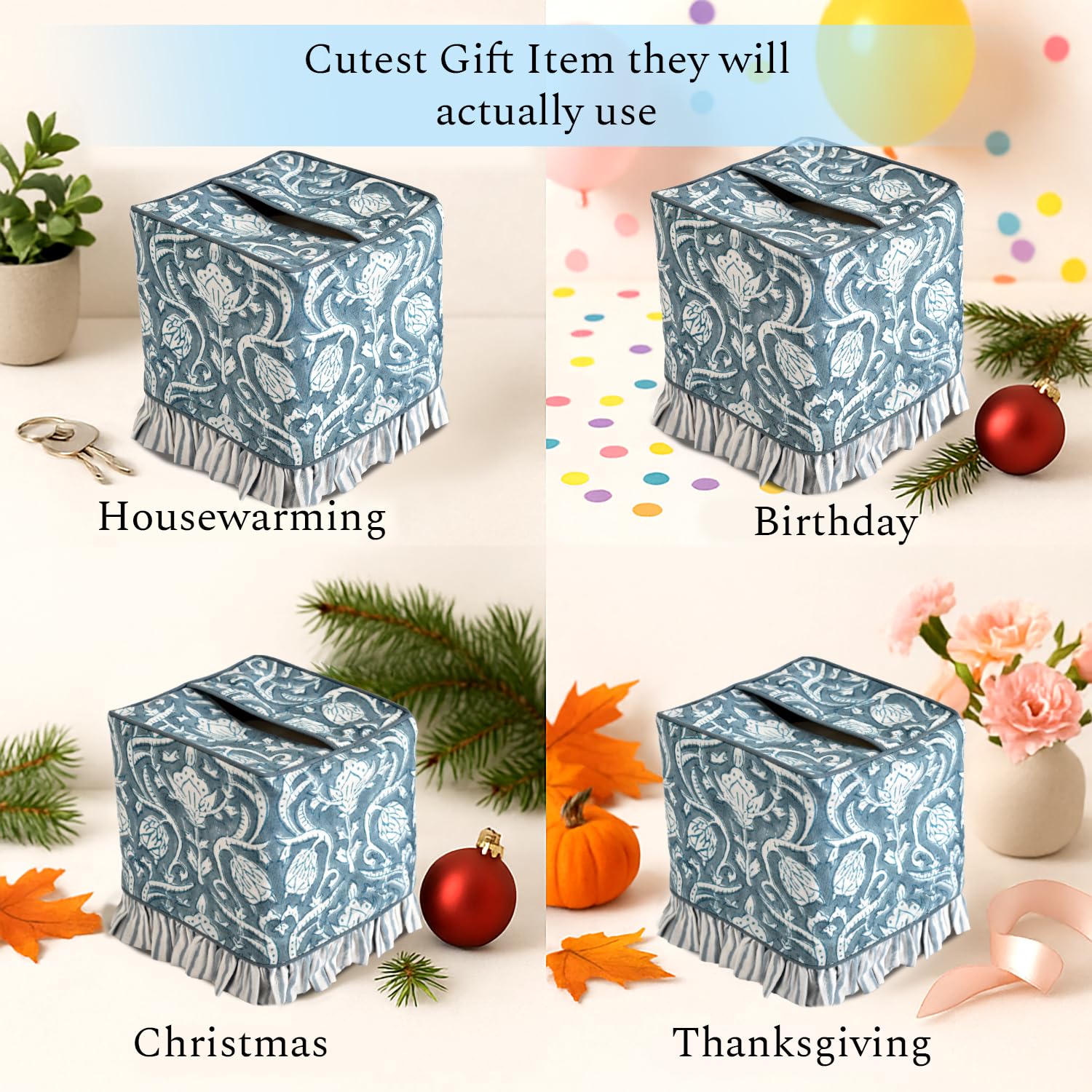 Cotton Ruffle Tissue Box Cover - Azure Regal