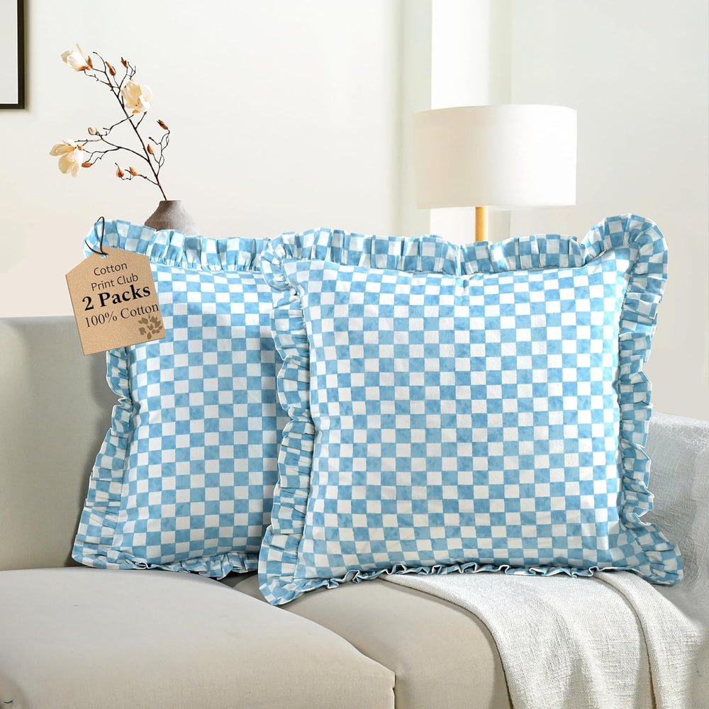 Ruffle Pillow Cover - Coastal French Blue Gingham
