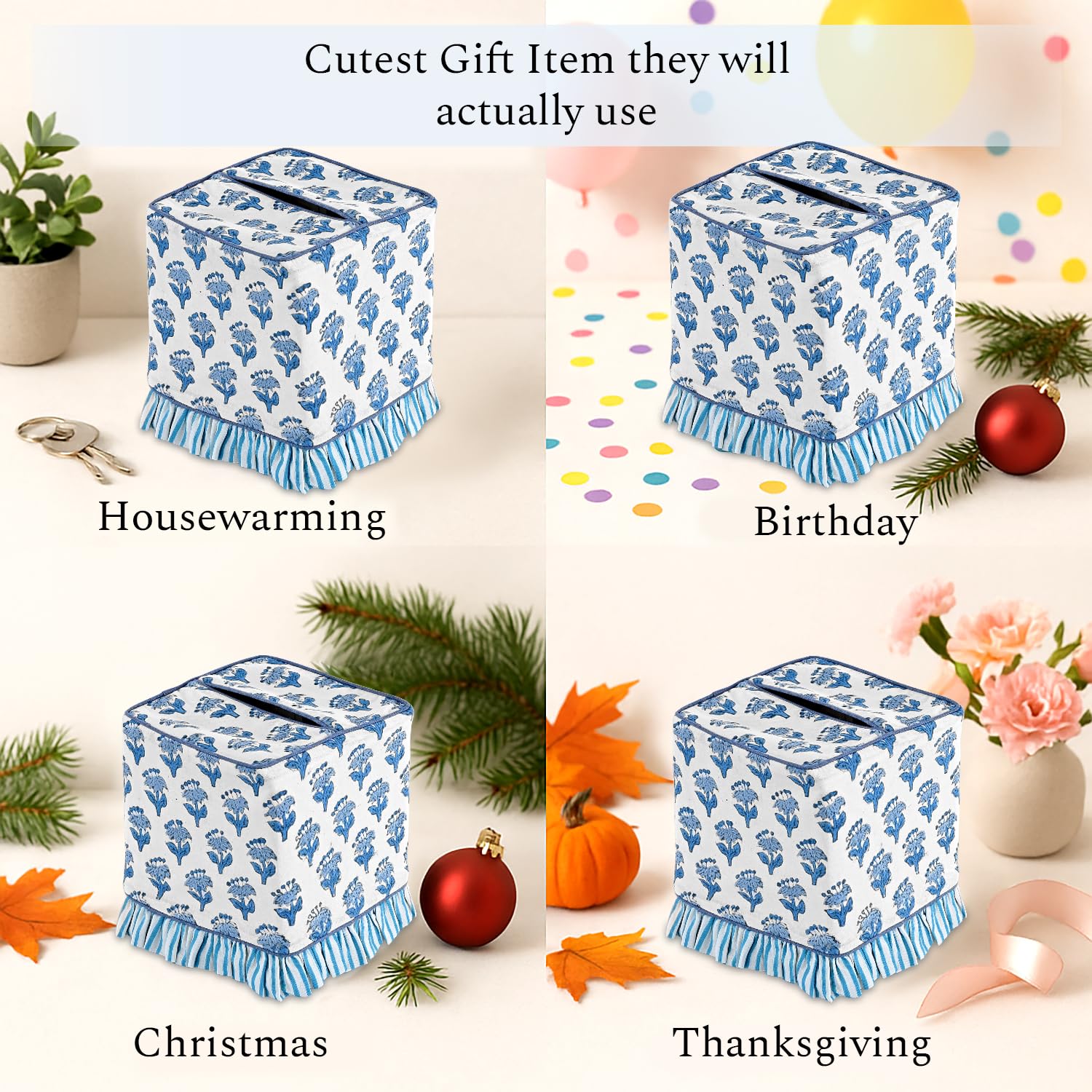 Cotton Ruffle Tissue Box Cover - Apatite Blue