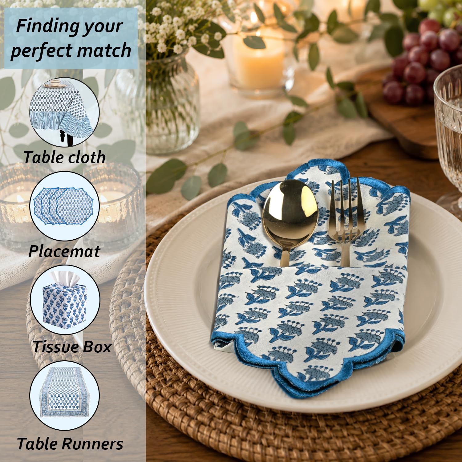 Cotton Embroidery Napkins - Apatite Blue