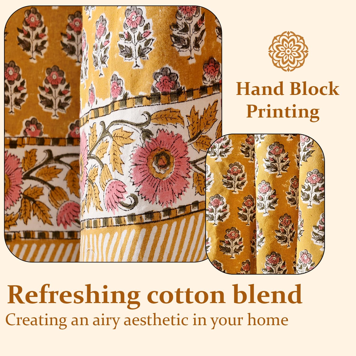 Cotton Block Print Curtain - Yellow Citrine