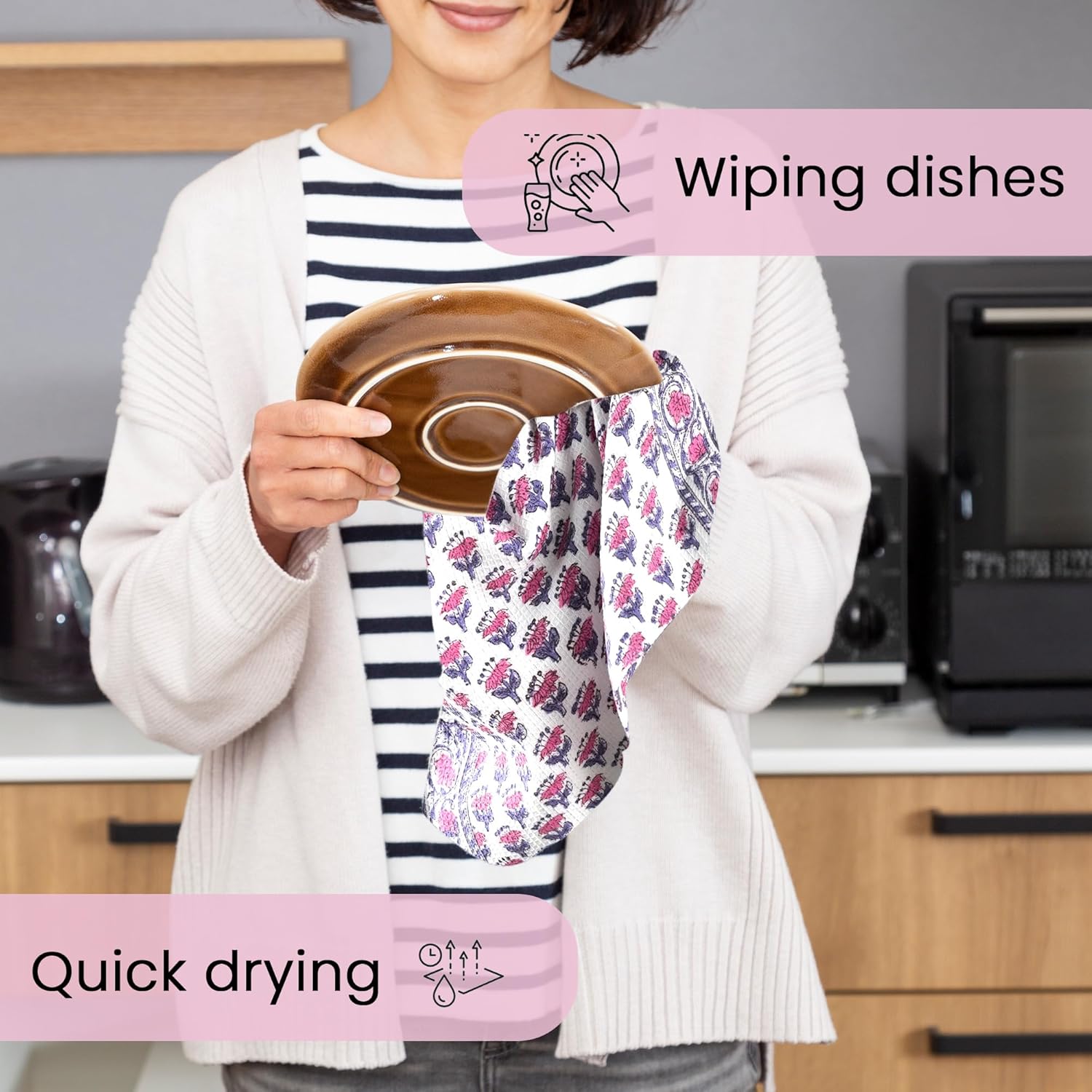 Person drying dishes with Apatite Blue hand block printed towel

