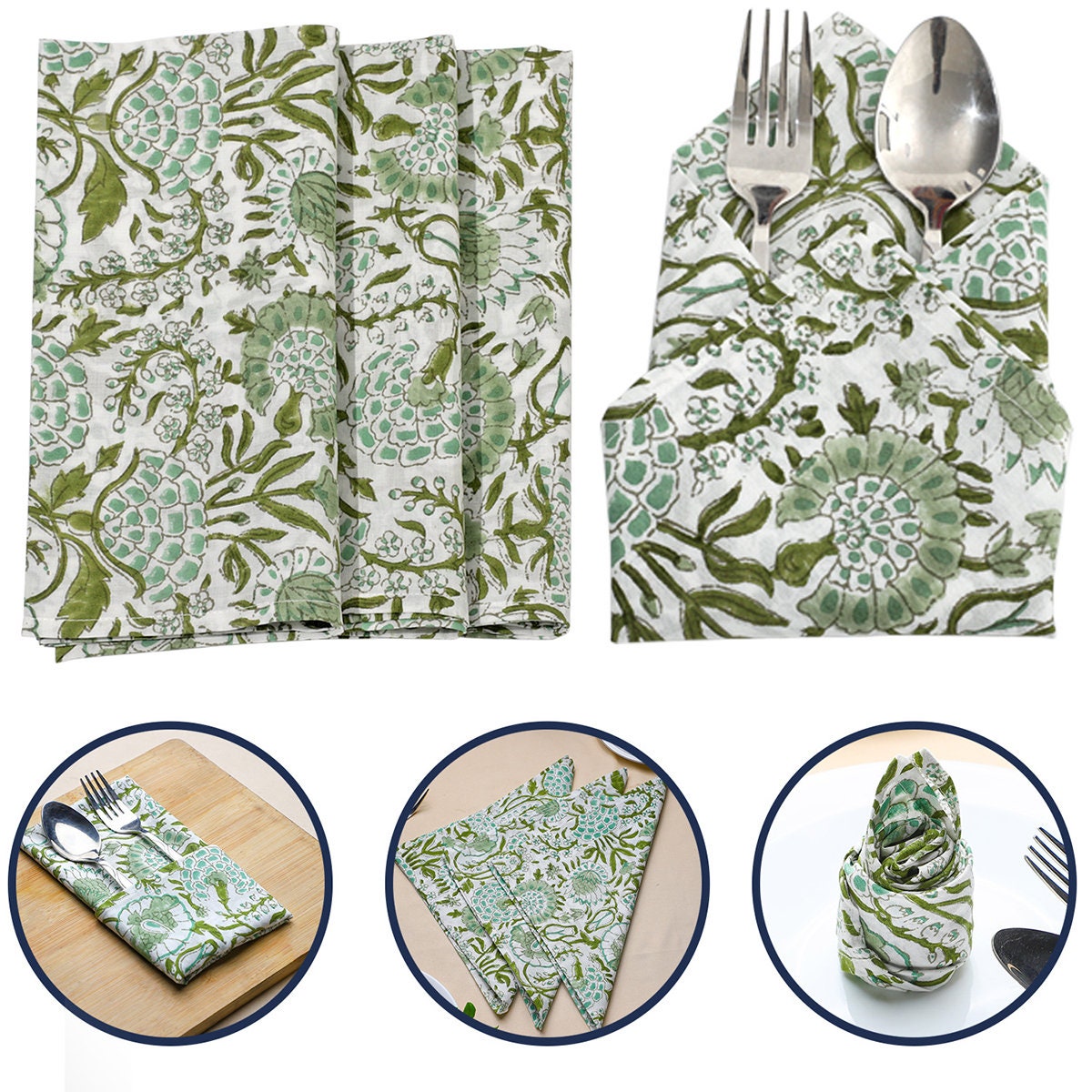 Agate Green Indian Hand Block Printed Napkins with 100% Pure Cotton for Housewarming Wedding Home Event Gardens available in size of 18x18.