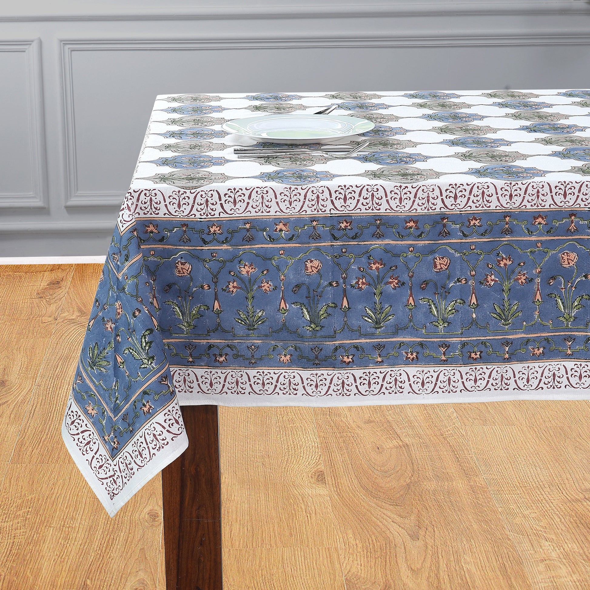 Tanzanite Blue 100% Cotton Tablecloth on Farmhouse Grand Millennial Table