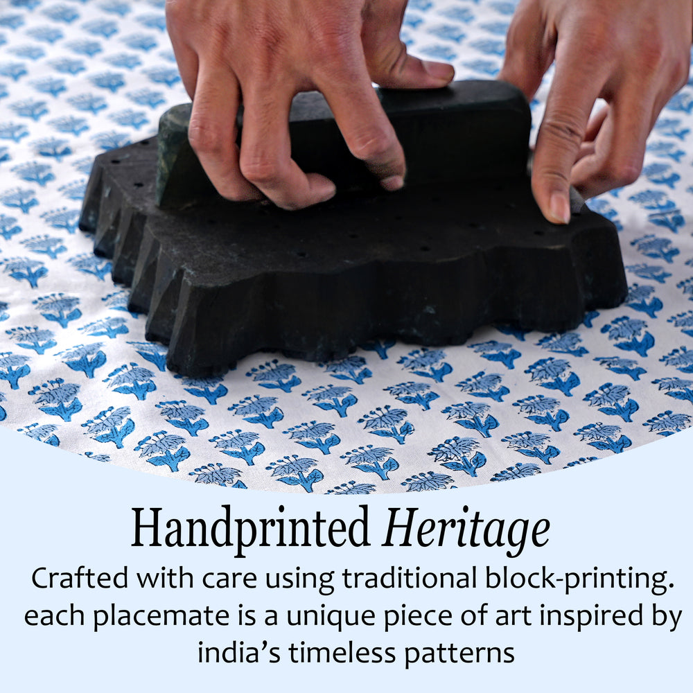handblock printed Cool blue embroidered placemat with elegant cotton finish
