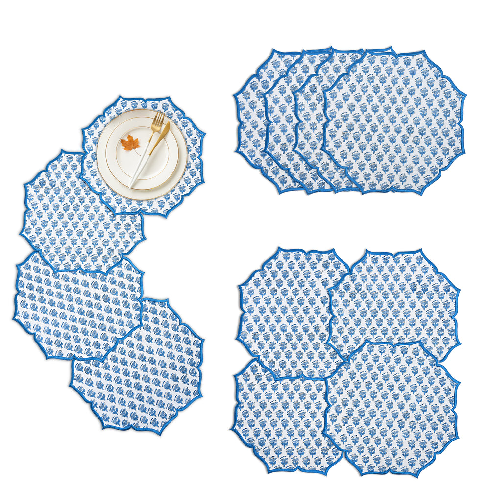 Apatite blue scalloped cotton placemat with delicate embroidery