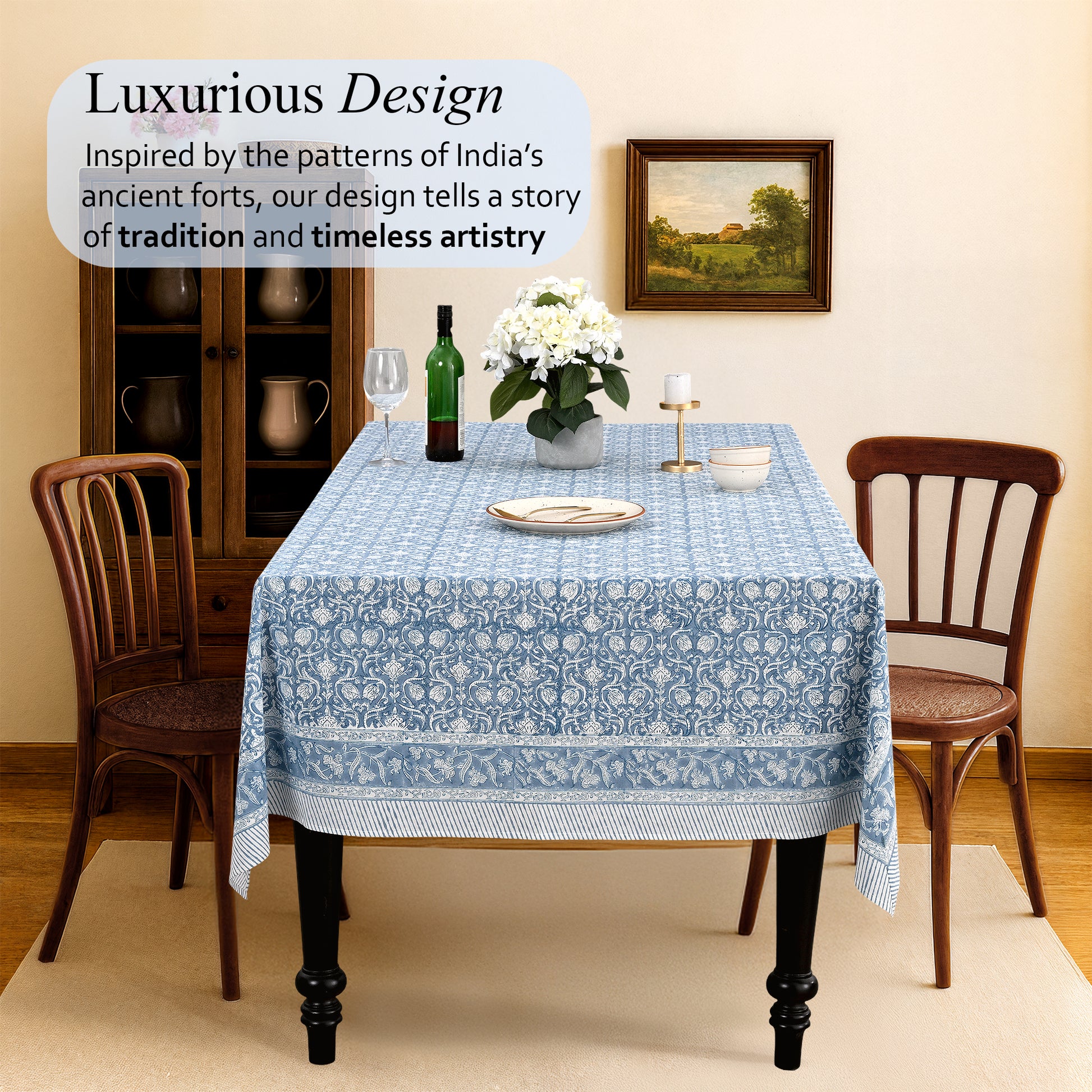 Cotton Block Print Tablecloth – Azure Regal