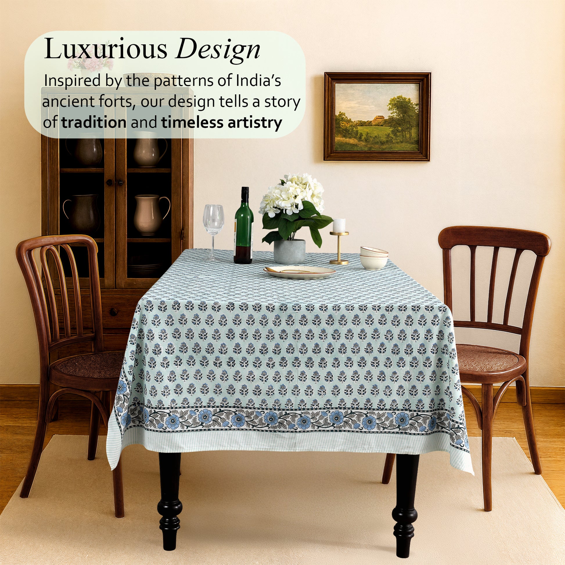 blue floral 100% cotton tablecloth