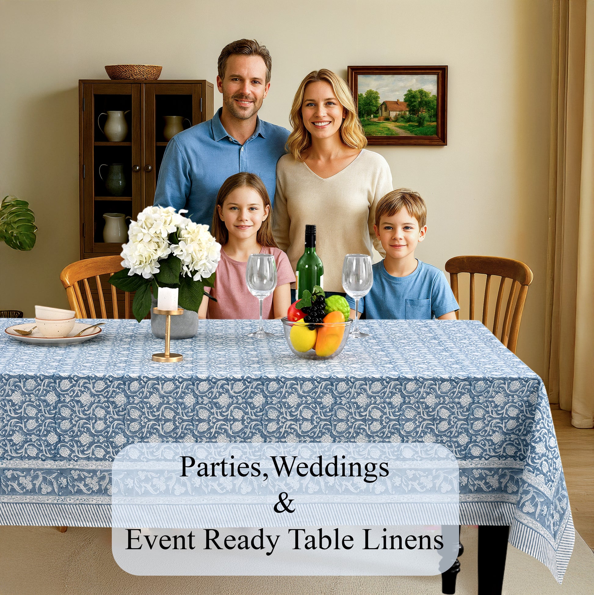 Cotton Block Print Tablecloth – Azure Regal