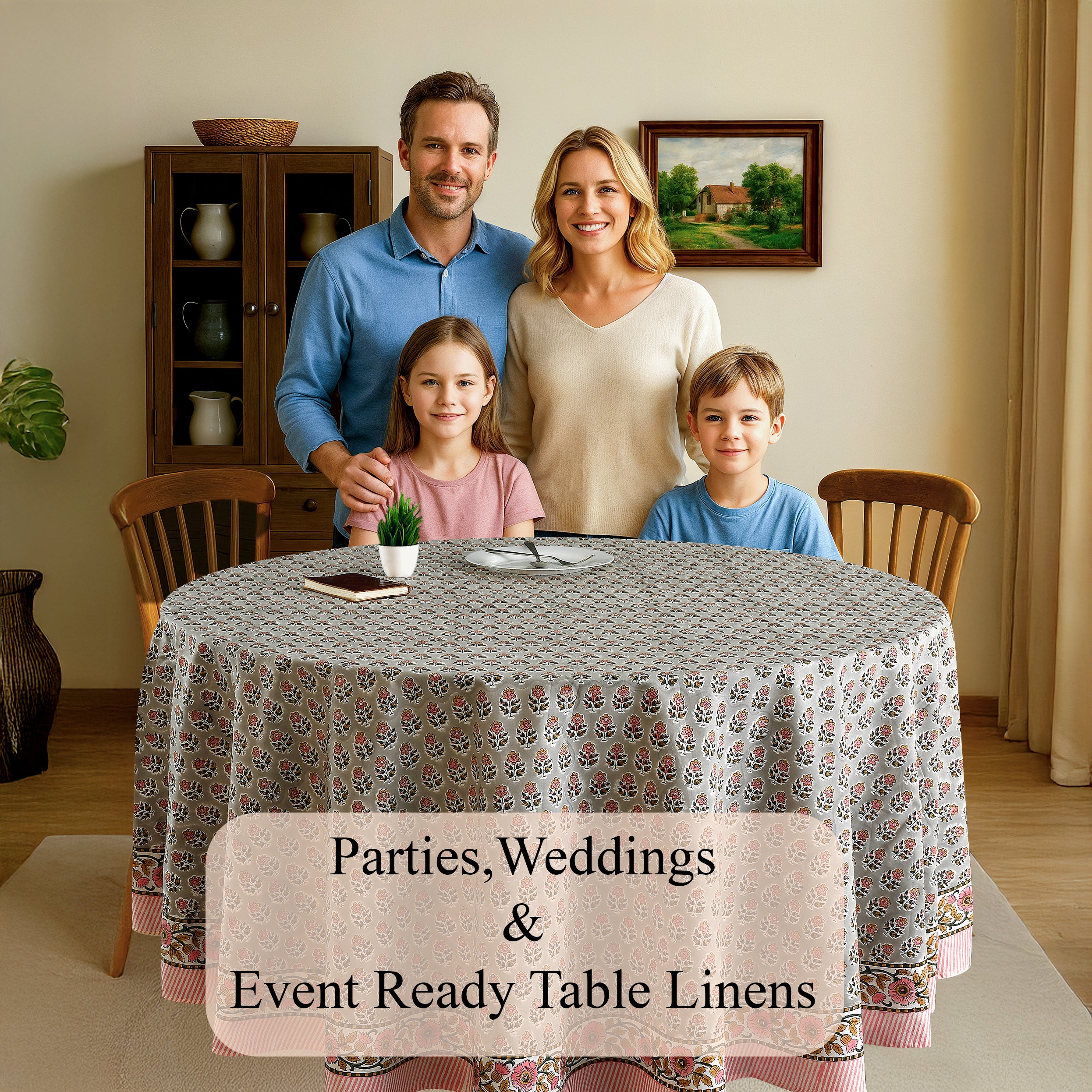 pink and gray floral indian 100% cotton breathable round tablecloth