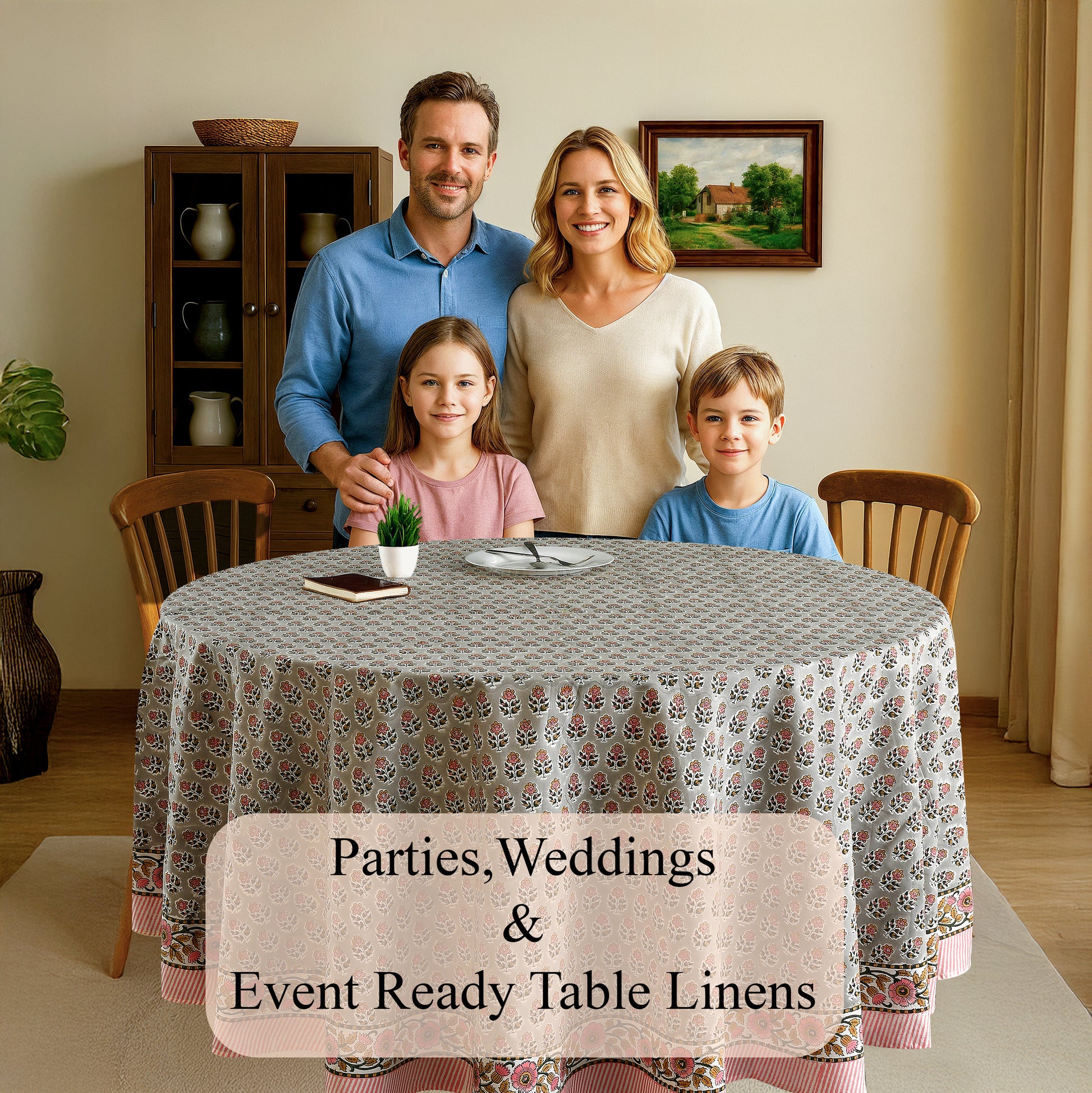 pink and gray floral indian 100% cotton breathable round tablecloth