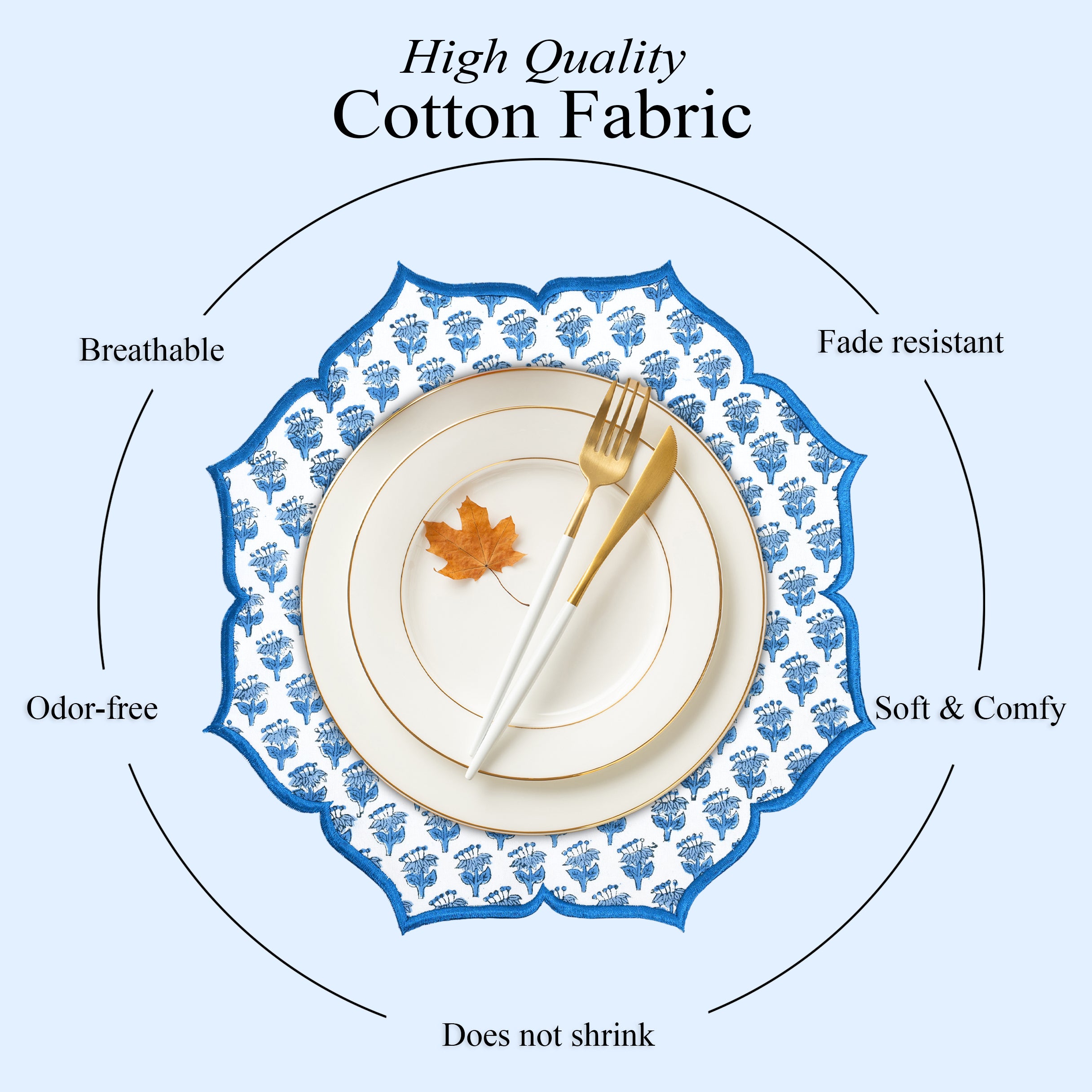 Soft blue placemat with intricate scalloped edges