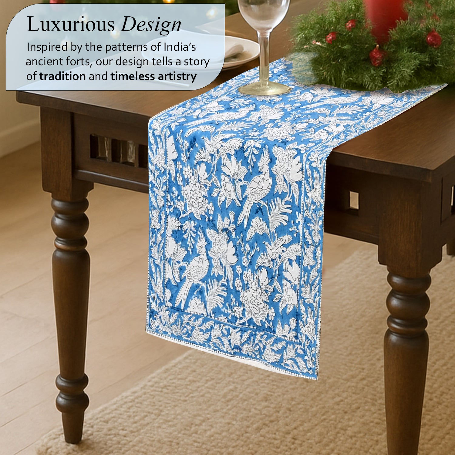 Cotton Block Print Table Runner - Blue Sapphire