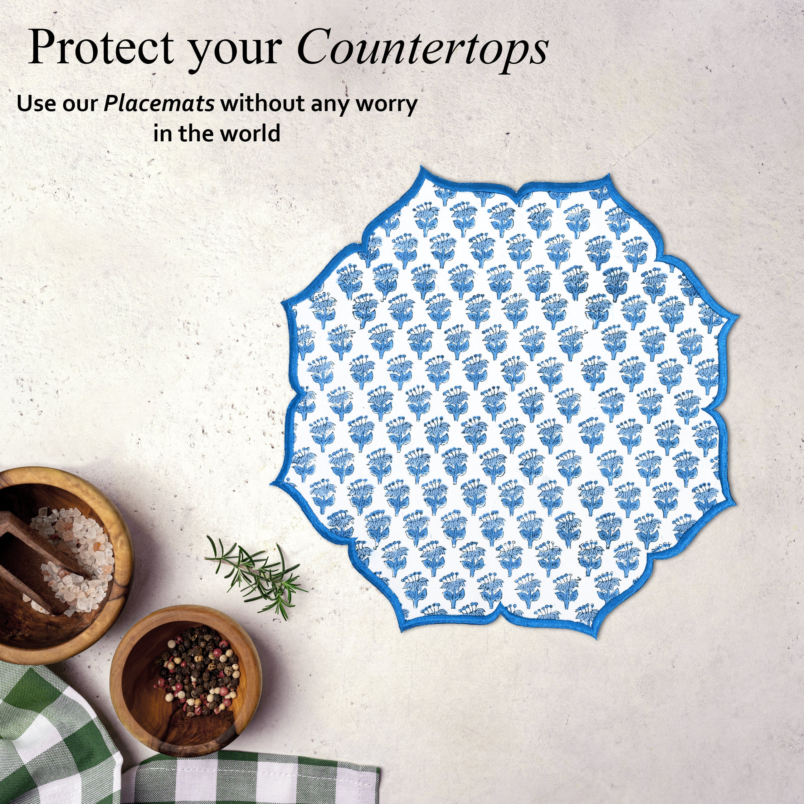 Embroidered placemat in refreshing blue gemstone hue