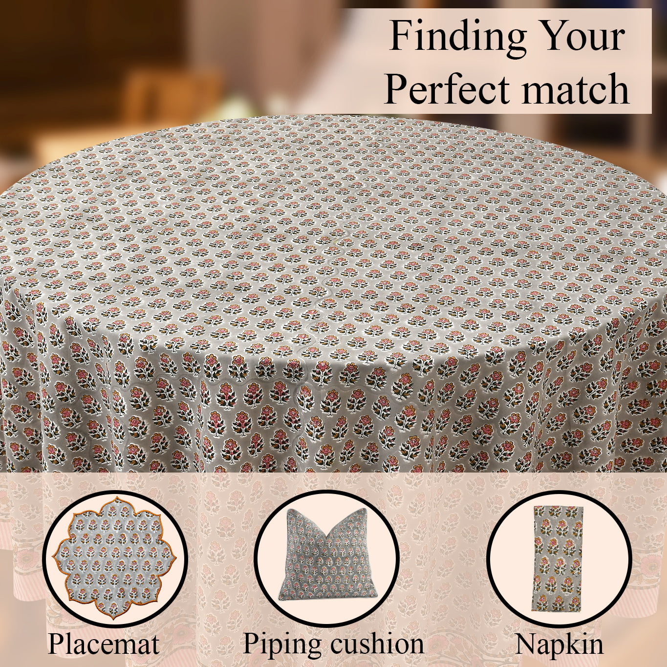 pink and gray floral indian 100% cotton breathable round tablecloth