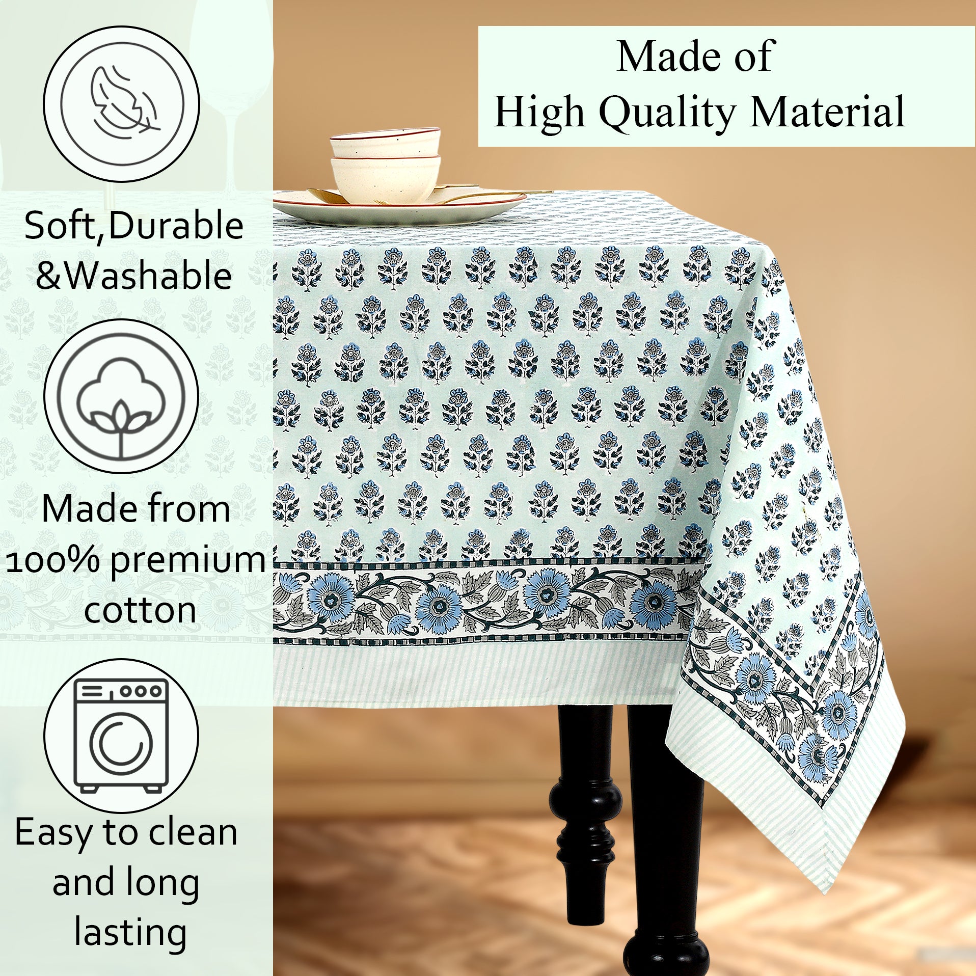 blue floral 100% cotton tablecloth