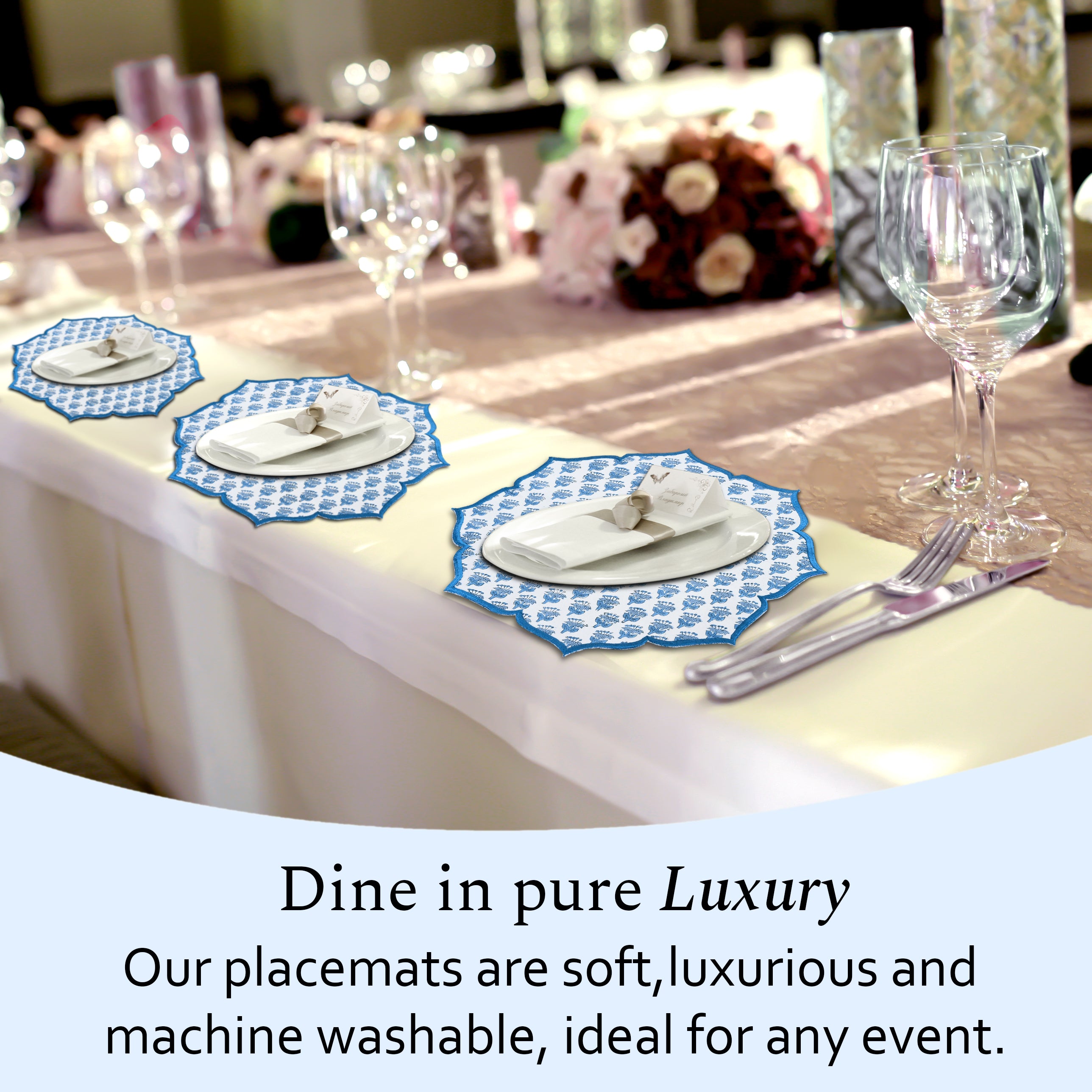 Apatite blue cotton placemat styled with light neutral dishes