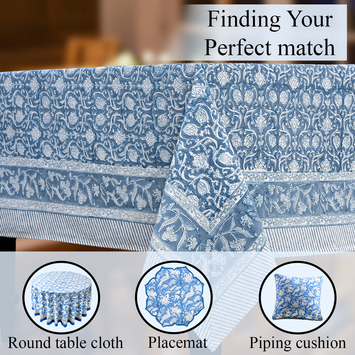Cotton Block Print Tablecloth – Azure Regal