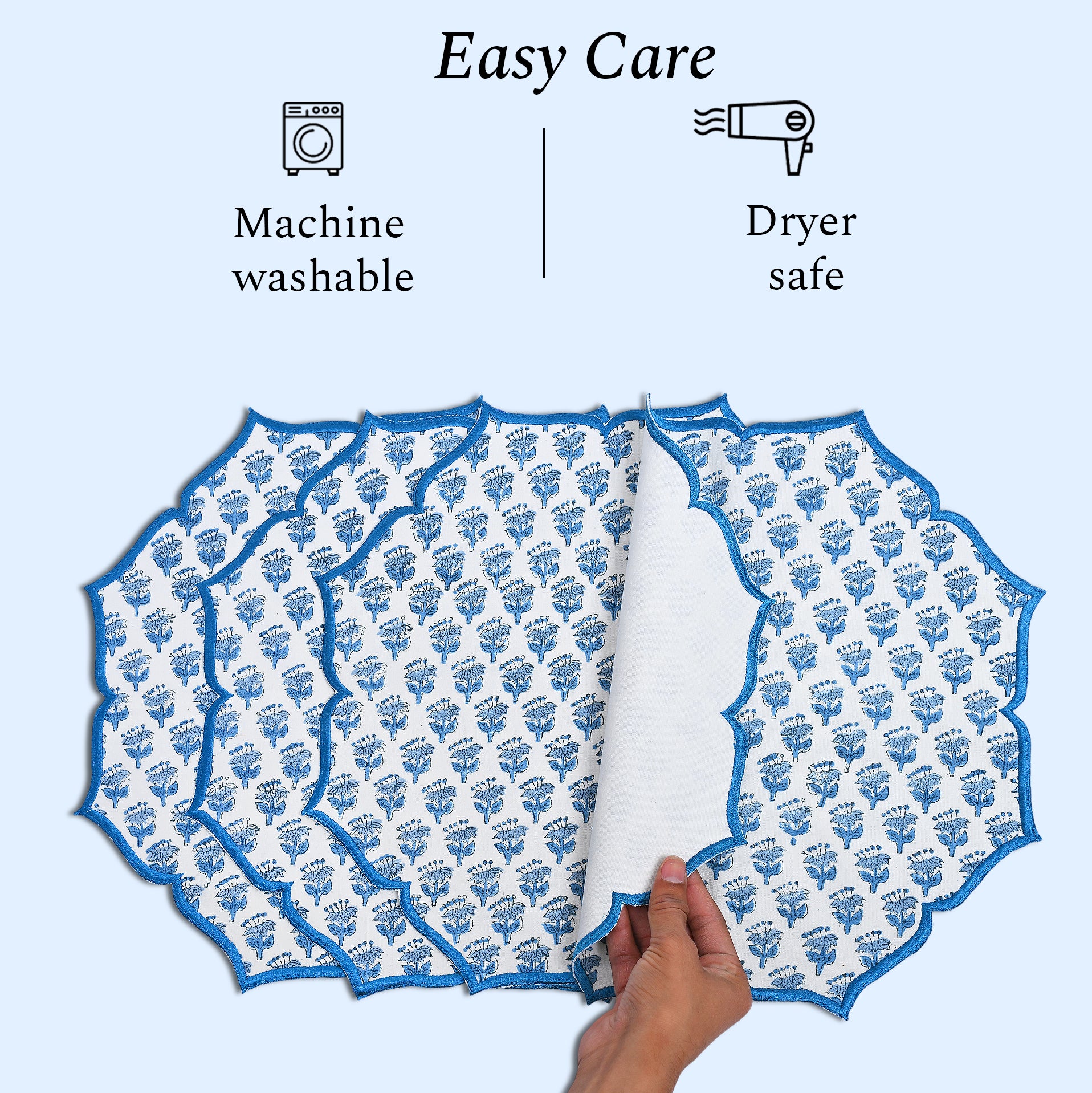 machine washable and dryer safe Coastal-inspired apatite blue placemat with stitched detail