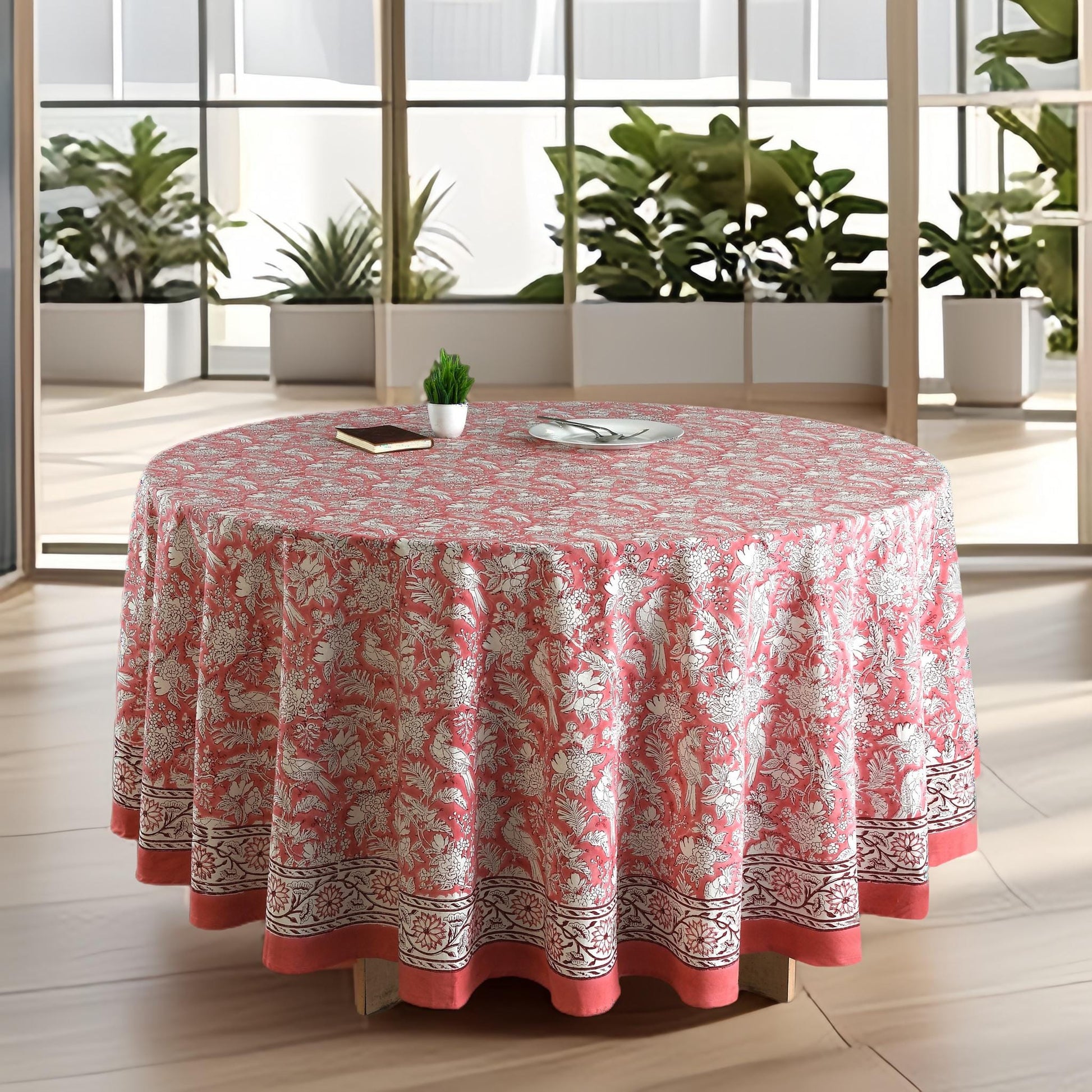 a round table with a red and white tablecloth