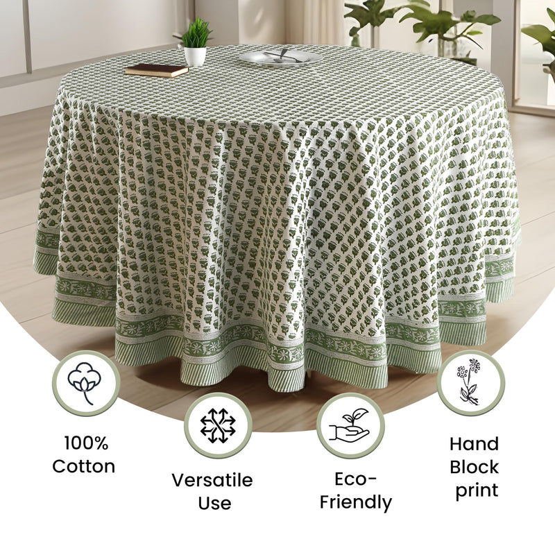 CPC Round Tablecloth- Cotton Indian Block Print Tablecloth -Handmade Printed Washable Cotton Table Cloth - Thanksgiving, Christmas Table Cover - Emerald Green 110 Inch