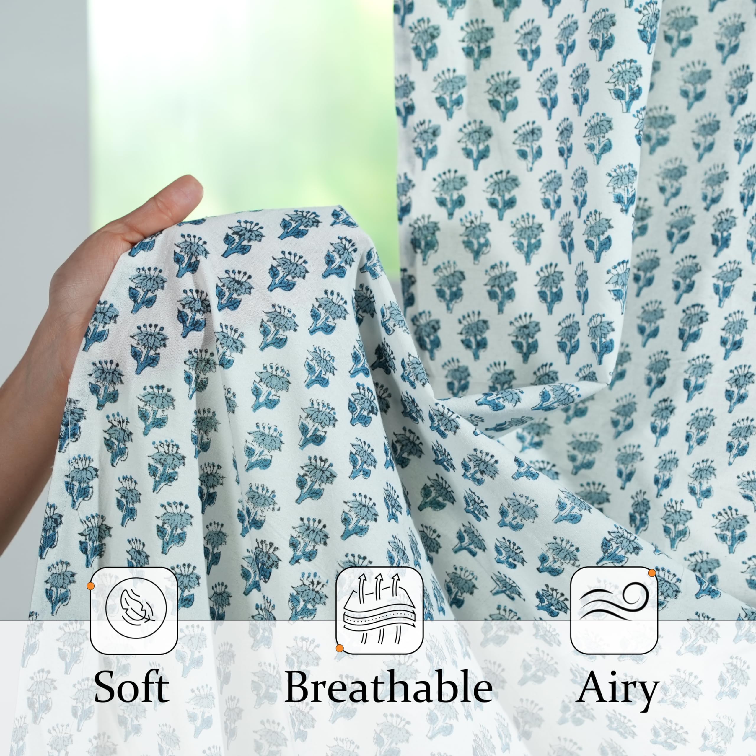 Cotton Block Print Curtain - Apatite Blue